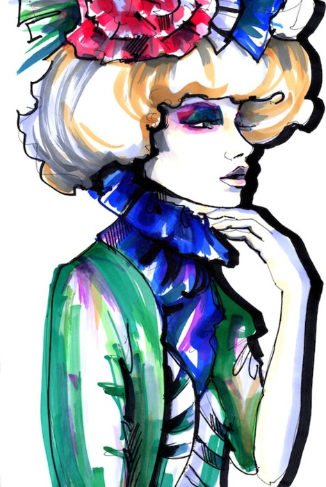 Bold Fashion Illustration - Artistic Portrait with Floral Headpiece & Dramatic Makeup