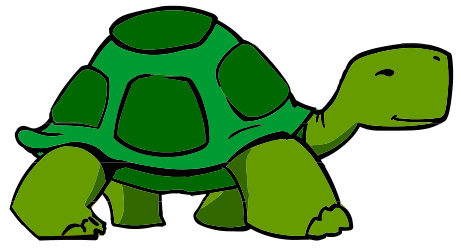 Friendly green cartoon turtle with a smiling face and detailed shell, set against a black background.