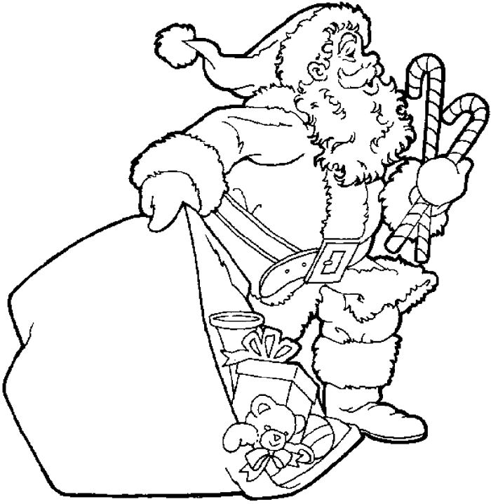 Santa Claus holding a sack of gifts and candy canes, ready to deliver presents.