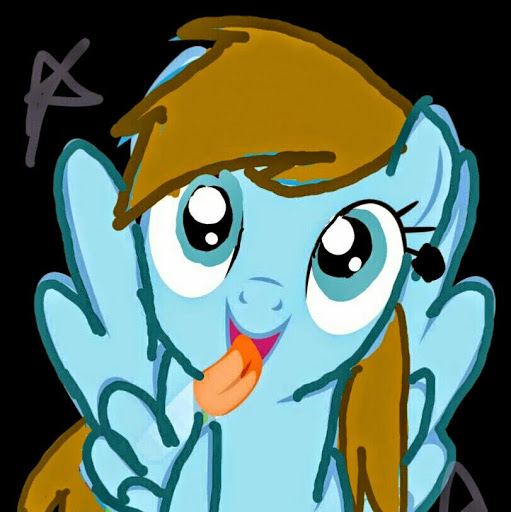 Blue cartoon pony with blonde hair, big eyes, and tongue out, making a playful gesture against black background.