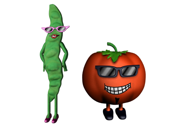 A cartoon green pea and red tomato wearing sunglasses and posing confidently against a white background.
