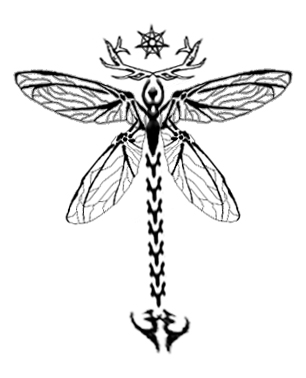 Intricate black-and-white dragonfly tattoo design with ornate wings, celestial crown, and symmetrical tribal tail motif.