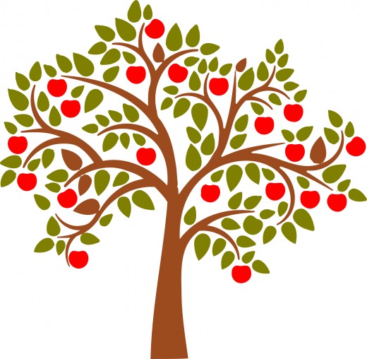 Stylized apple tree with green leaves and red apples on white background