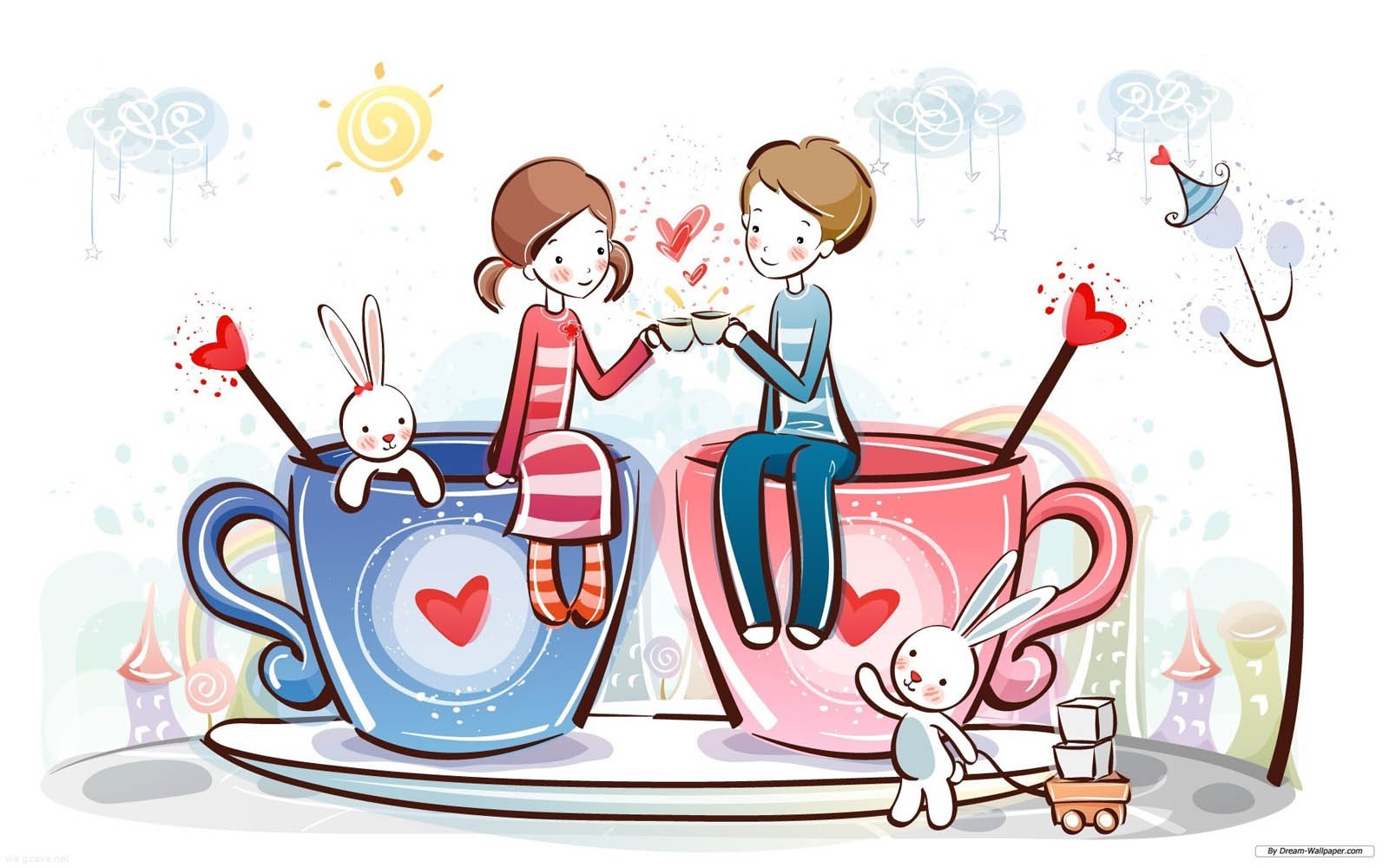 Cute Couple Love Cup Cartoon Wallpaper -