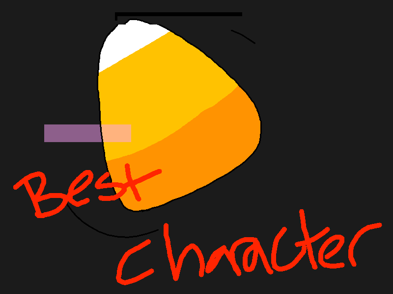 Candy corn illustration with "Best Character" handwritten in red script over a dark background.