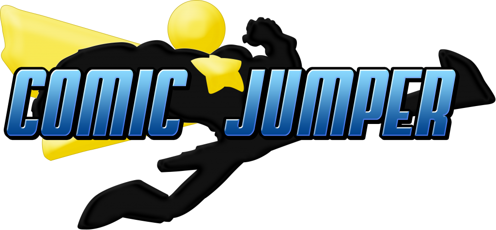 Comic Jumper logo featuring a superhero silhouette leaping with a yellow star and sunburst, bold blue 3D text on black background.