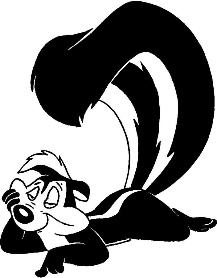 A cartoon skunk lying down with a sly expression, large striped tail arched overhead.