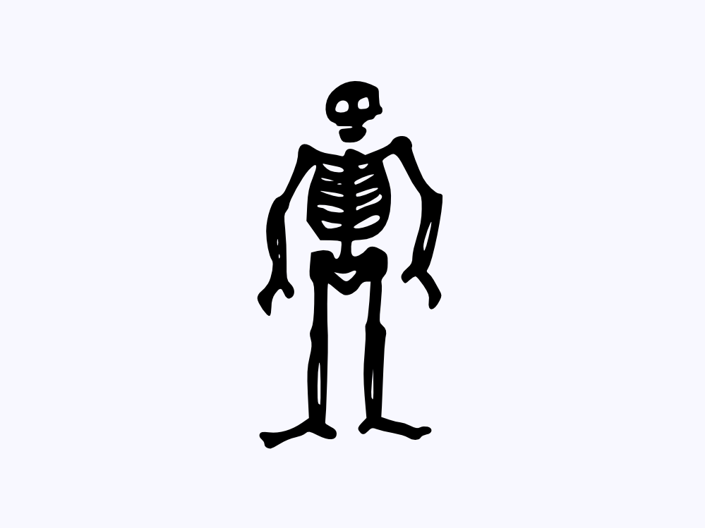 Black silhouette of a standing human skeleton on white background, stylized and simplified.