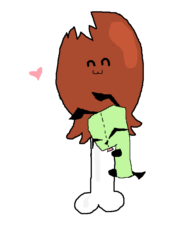 A cartoon character with brown hair hugs a green figure, with a pink heart floating nearby.