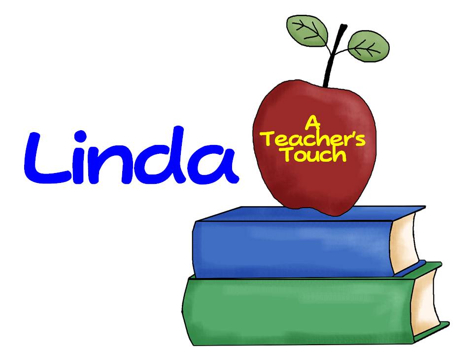 Red apple with "A Teacher's Touch" text on stacked blue and green books beside the name "Linda".