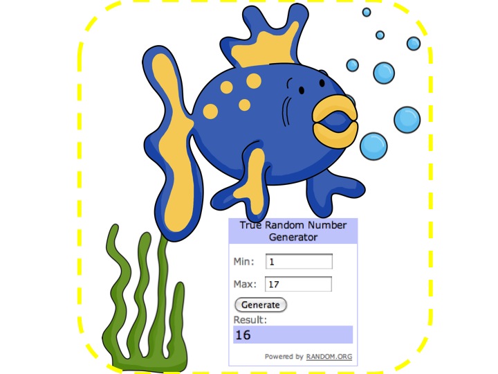 Blue cartoon fish wearing a crown with bubbles and seaweed, next to a true random number generator interface showing result 16.