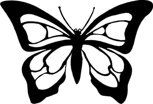Black and white stylized butterfly silhouette with intricate wing patterns on a white background.