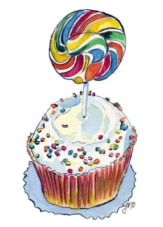 Watercolor illustration of a cupcake with white frosting, colorful sprinkles, and a rainbow swirl lollipop on top.