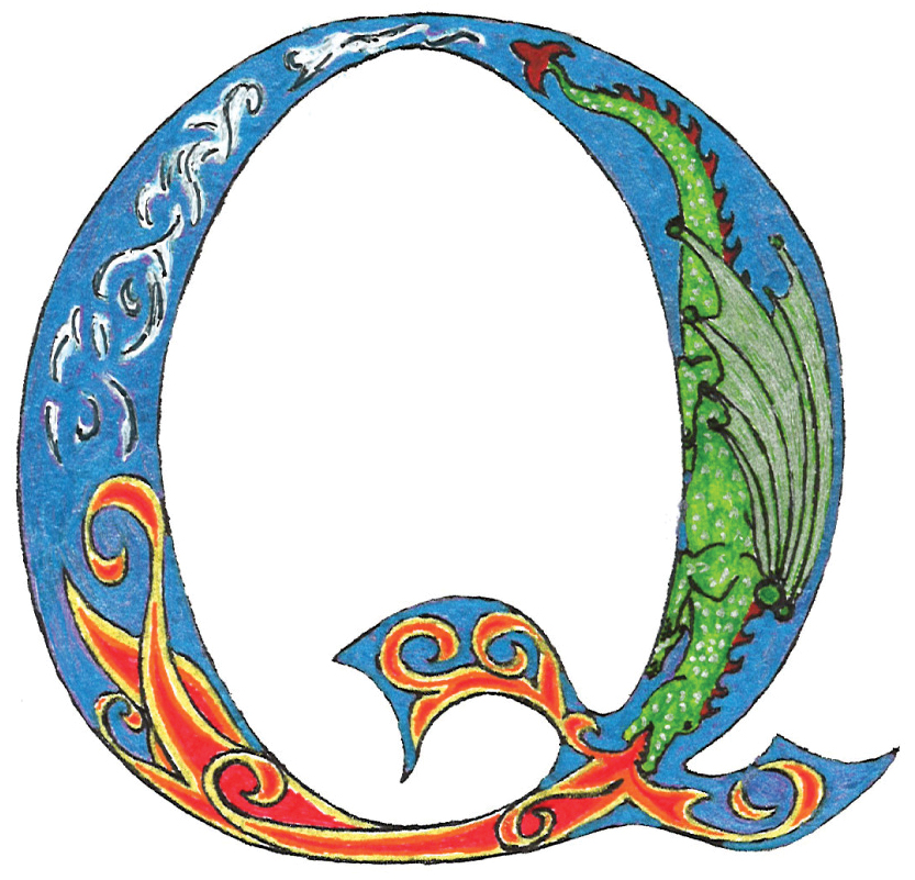 Decorative Illuminated Letter Q with Dragon Motif - Medieval Calligraphy Art