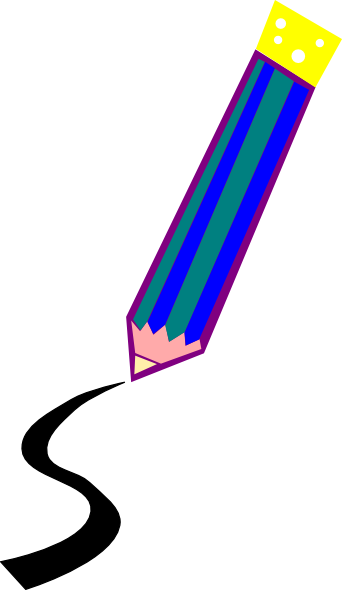 Colorful striped pencil drawing a black squiggly line on white background