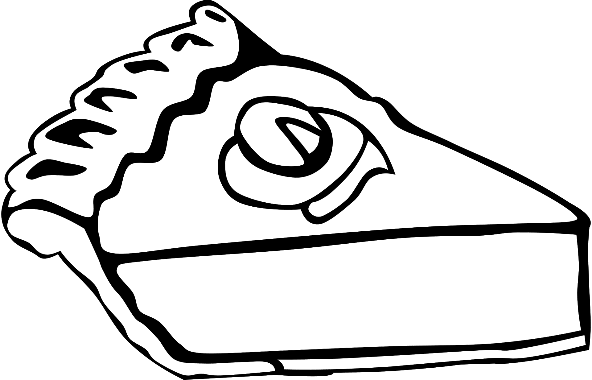 Black-and-white line art illustration of a slice of pie with fluted crust and decorative swirl on top.