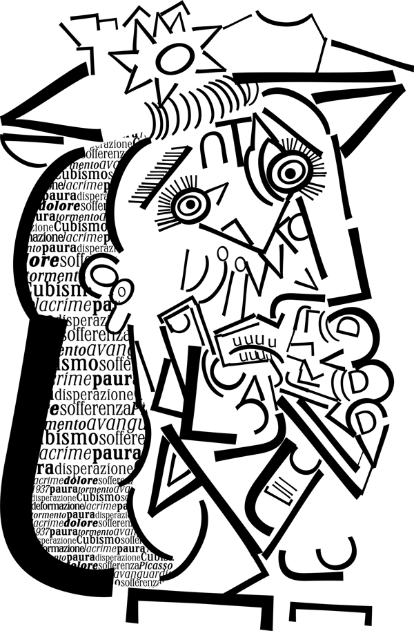 Abstract black-and-white cubist portrait composed of fragmented shapes, eyes, and Italian words like "Cubismo" and "dolore".