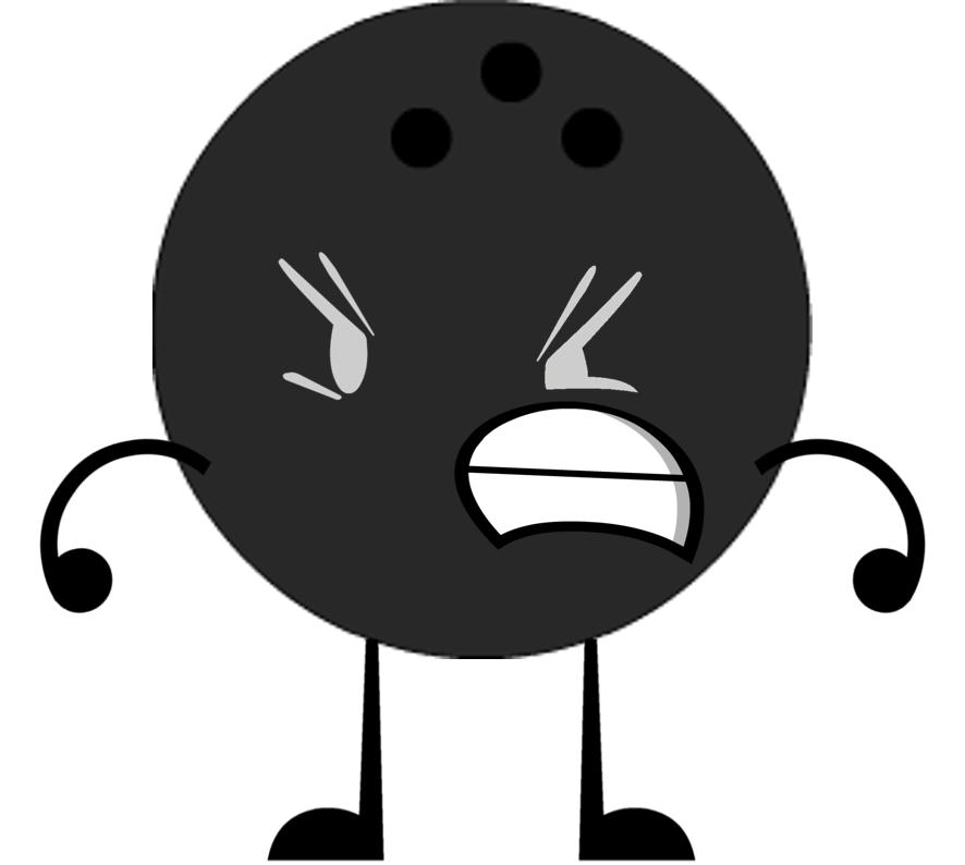A cartoon black bowling ball with an angry, frustrated expression and furrowed brows against a black background.