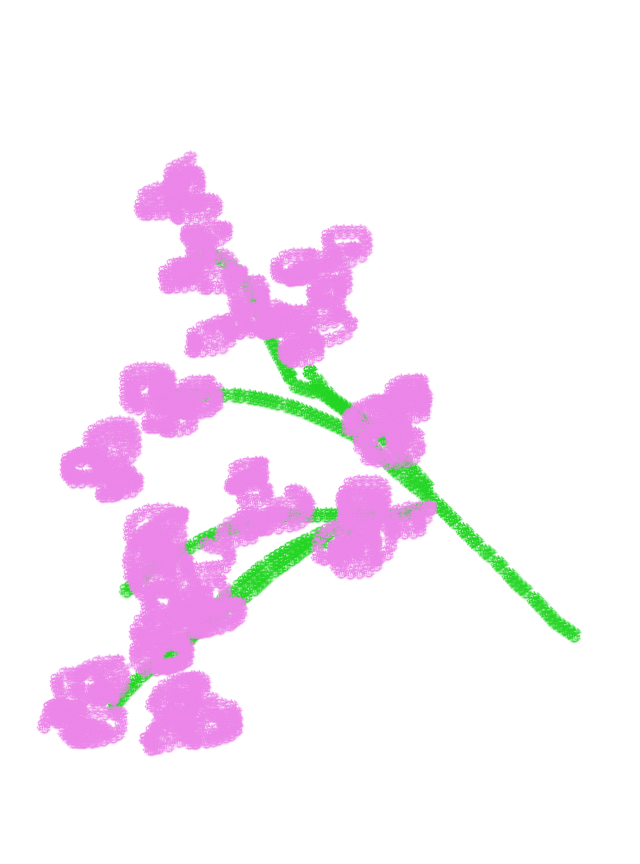 Hand-drawn pink blossoms on green stems, textured crayon-style illustration against white background.