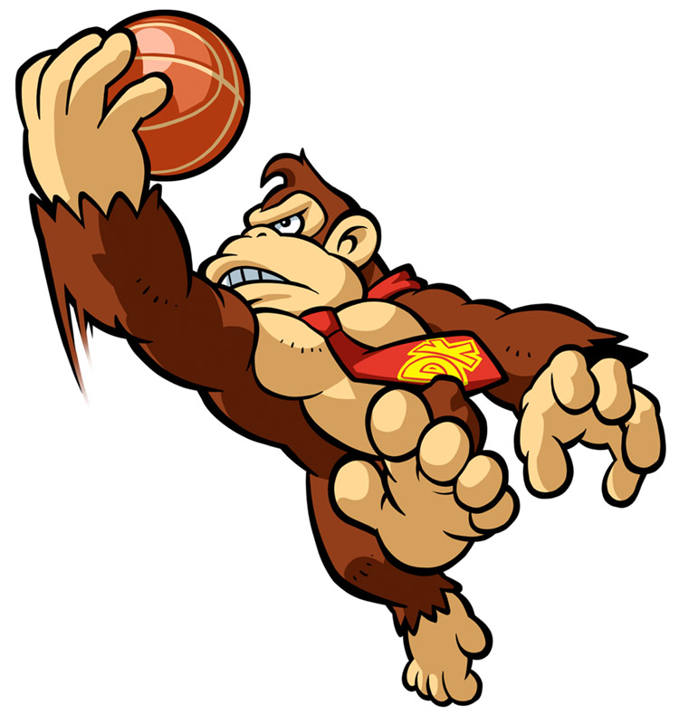 Donkey Kong leaping with a basketball, wearing his iconic red tie with yellow logo.