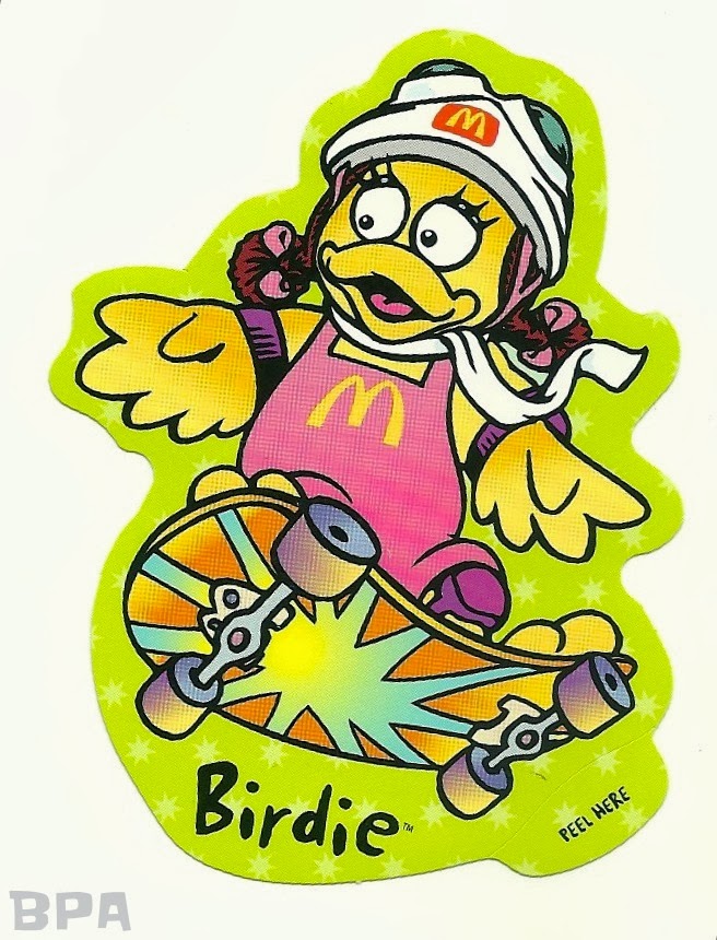 Birdie the McDonald's mascot skateboarding in a pink outfit with M logo, wearing a helmet and scarf on a lime-green starry background.