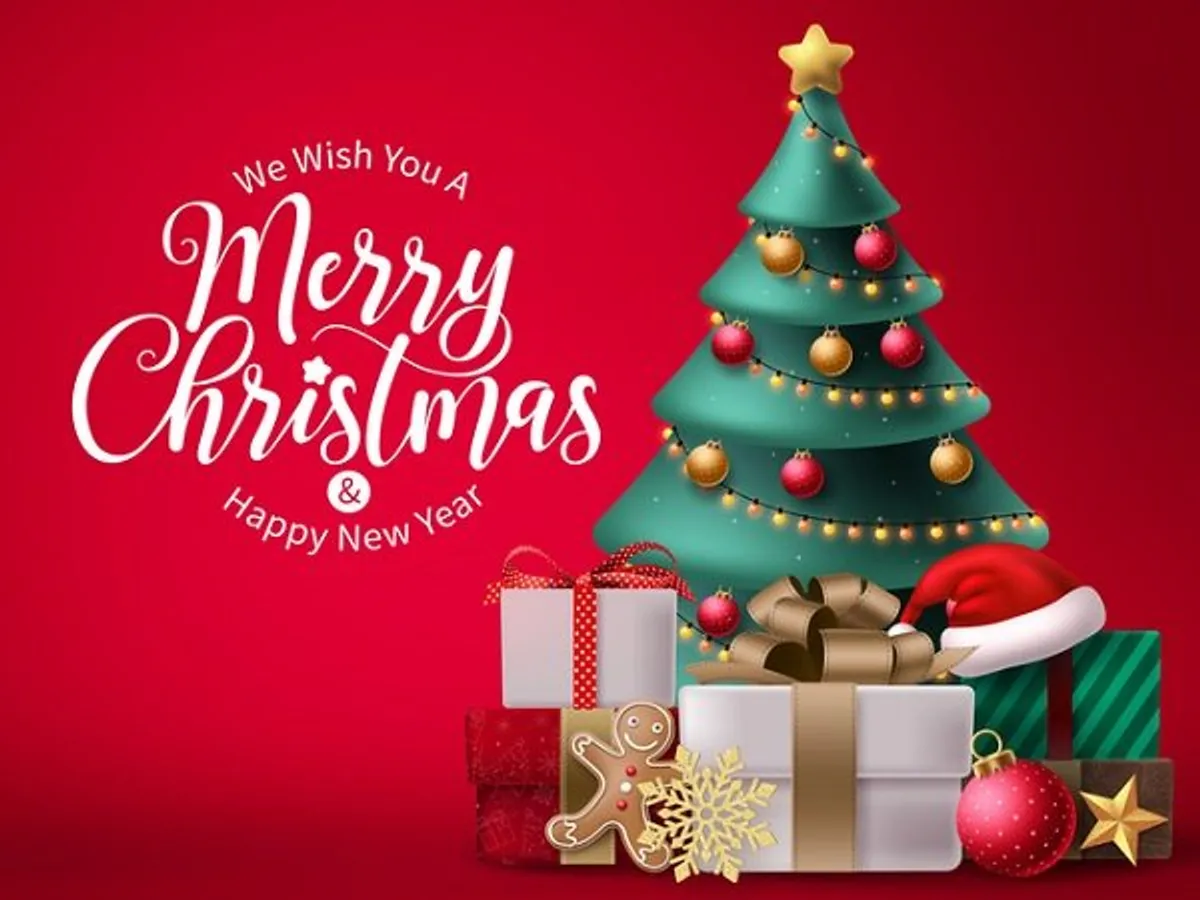 Festive Christmas tree with ornaments, gifts, gingerbread man, and "Merry Christmas" greeting on red background.