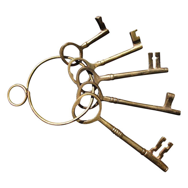 Set of Five Brass Decorator Skeleton Keys on a Brass Key Ring from 