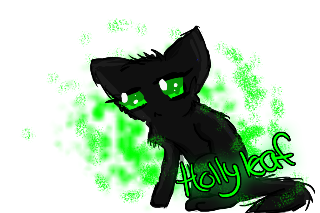 A stylized black cat with glowing green eyes and neon green splatter background, labeled "Hollyleaf".