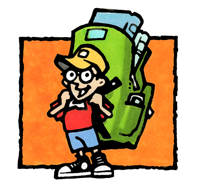 Cartoon boy with glasses, cap, and oversized green backpack, smiling excitedly against orange background.