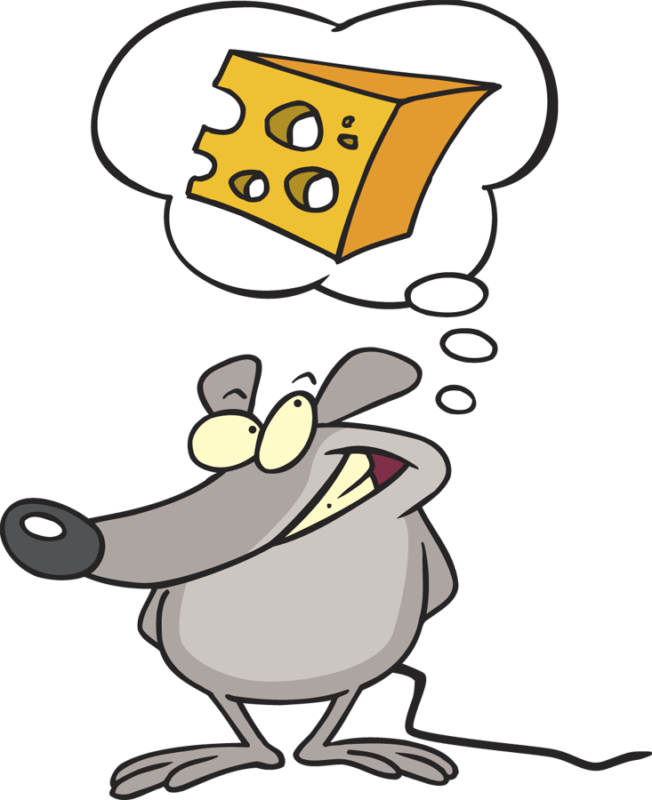 A cartoon mouse daydreaming about a large wedge of Swiss cheese in a thought bubble.