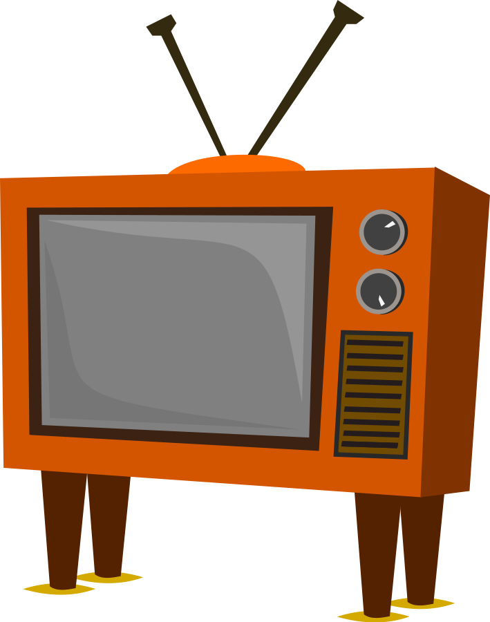 Vintage orange television with rabbit-ear antenna and dials, retro 1960s design on black background.