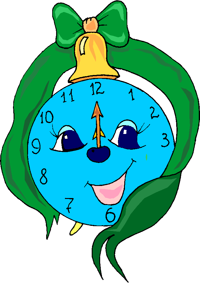 Cheerful blue clock face with eyes, smile, and green bow, topped with a golden bell.