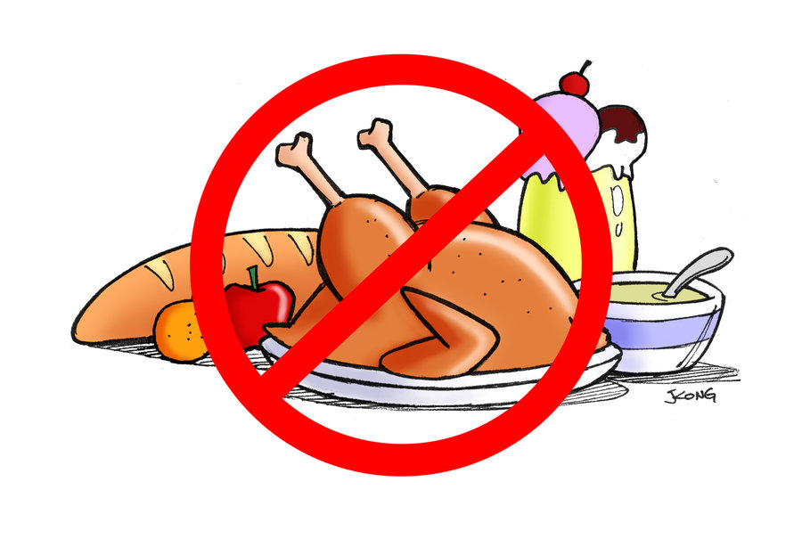 A cartoon illustration of a roasted turkey, bread, fruit, ice cream, and soup, all crossed out with a red prohibition sign.