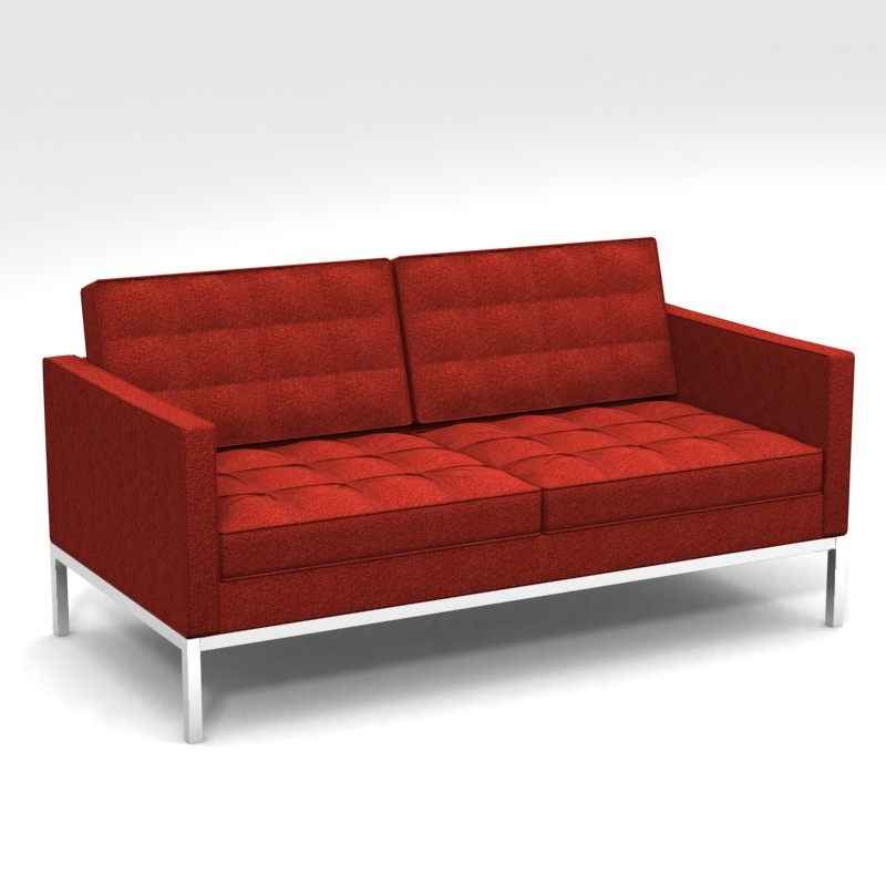 Modern red tufted two-seater sofa with chrome legs on white background
