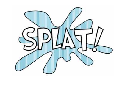 Blue striped water splat graphic with bold "SPLAT!" text in white outlined letters.