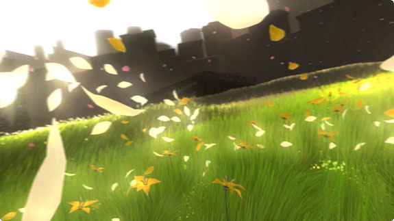 Serene Meadow with Floating Petals and City Silhouette - Nature Meets Urban