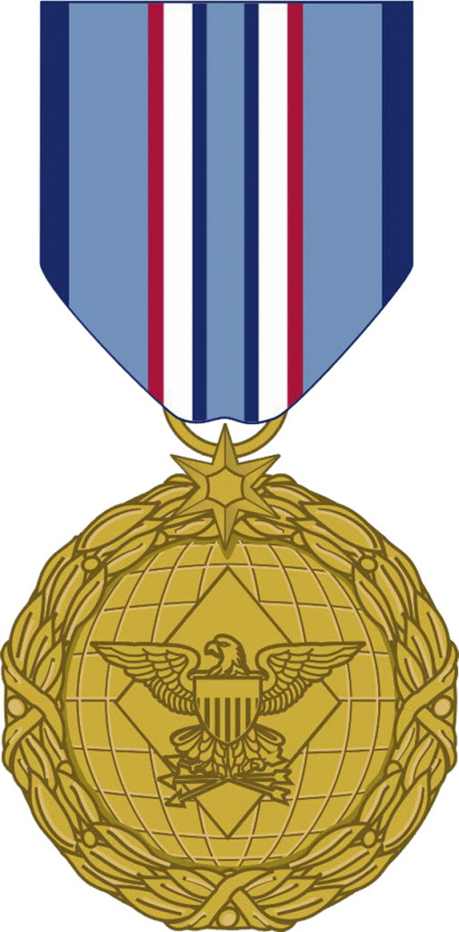 U.S. Defense Superior Service Medal with blue, white, and red ribbon and golden eagle emblem on globe motif.