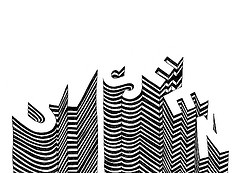 Abstract black-and-white striped cityscape with wavy, distorted skyscrapers and birds in flight.