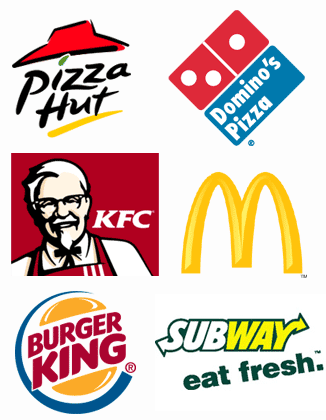 Logos of six major fast-food chains: Pizza Hut, Domino’s, KFC, McDonald’s, Burger King, and Subway.