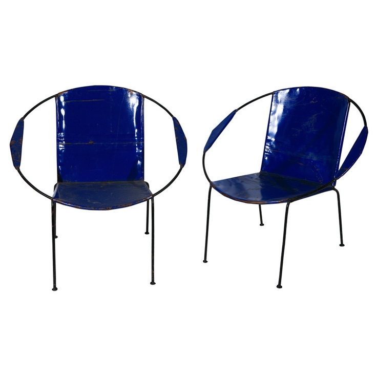 Vintage Blue Enamel Metal Chairs - Mid-Century Modern Pair