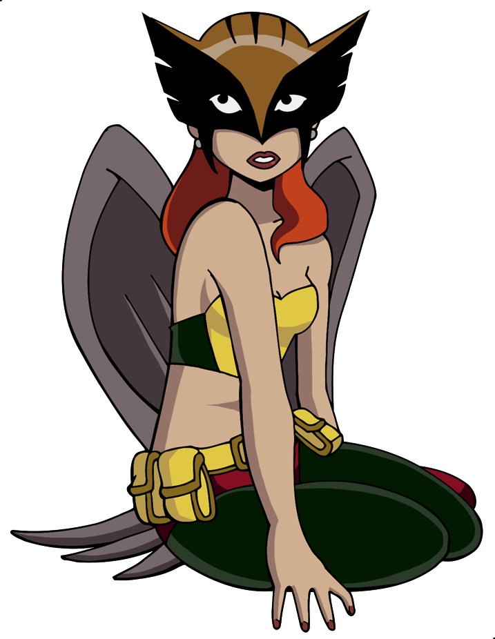Hawkgirl in classic DC Comics costume, kneeling with wings spread, red hair and golden helmet.
