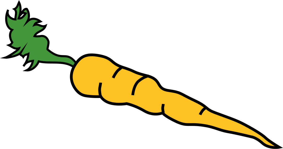 Stylized yellow carrot with green leafy top on black background, simple vector illustration.
