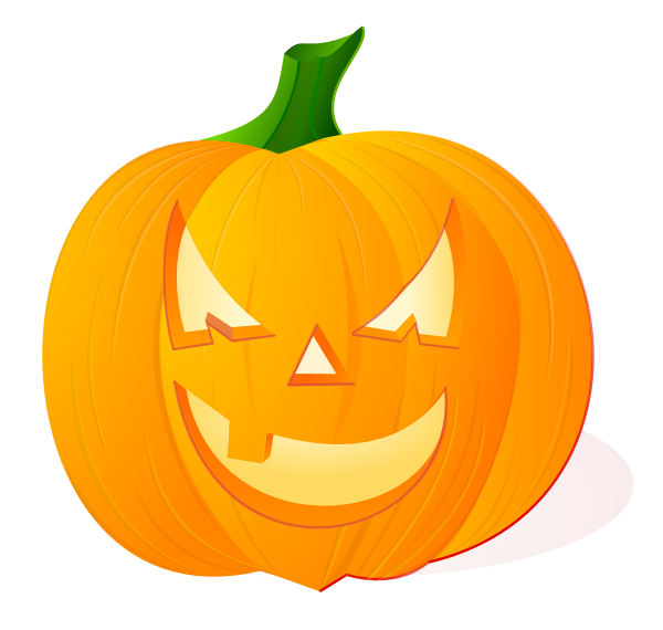 Bright orange jack-o'-lantern with a mischievous carved face and glowing interior, set against white background.