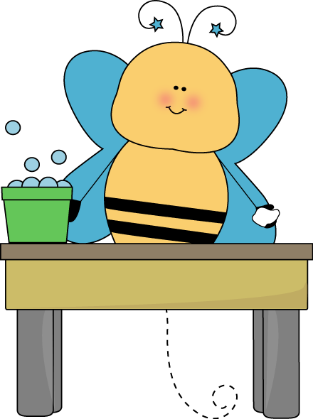 A cheerful cartoon bee with blue wings washes hands at a sink with soap bubbles and a green cup.