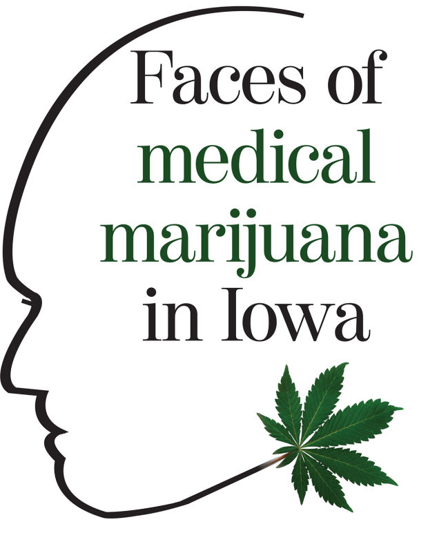Silhouette of a human head profile with text "Faces of medical marijuana in Iowa" and a cannabis leaf emerging from the mouth area.