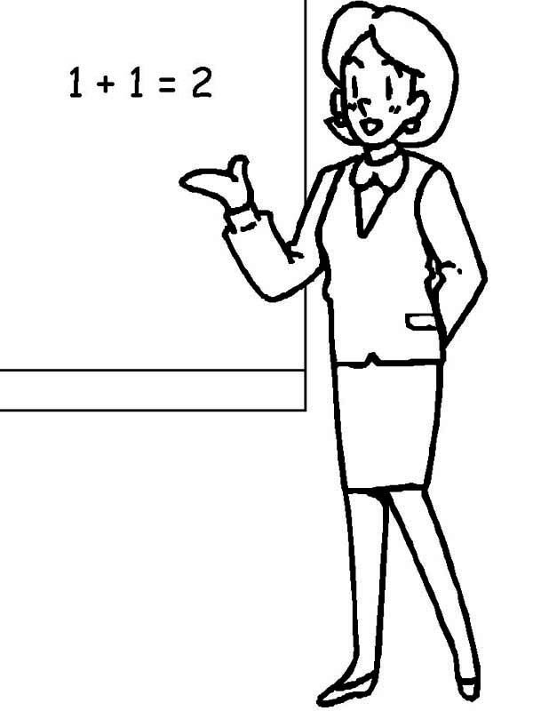 Sketch of a teacher in a skirt and blouse The woman stands with a pointer  in