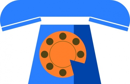 Blue vintage rotary telephone icon with orange dial and white handset, flat vector illustration.