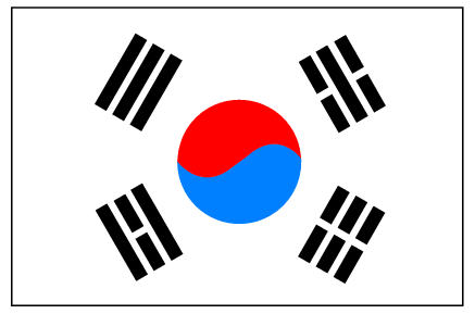 South Korean national flag with red and blue yin-yang symbol and four trigrams on black background.