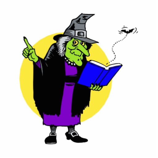 Green-skinned witch in pointed hat reads a blue book while pointing upward, with a bat flying nearby against a yellow circle.