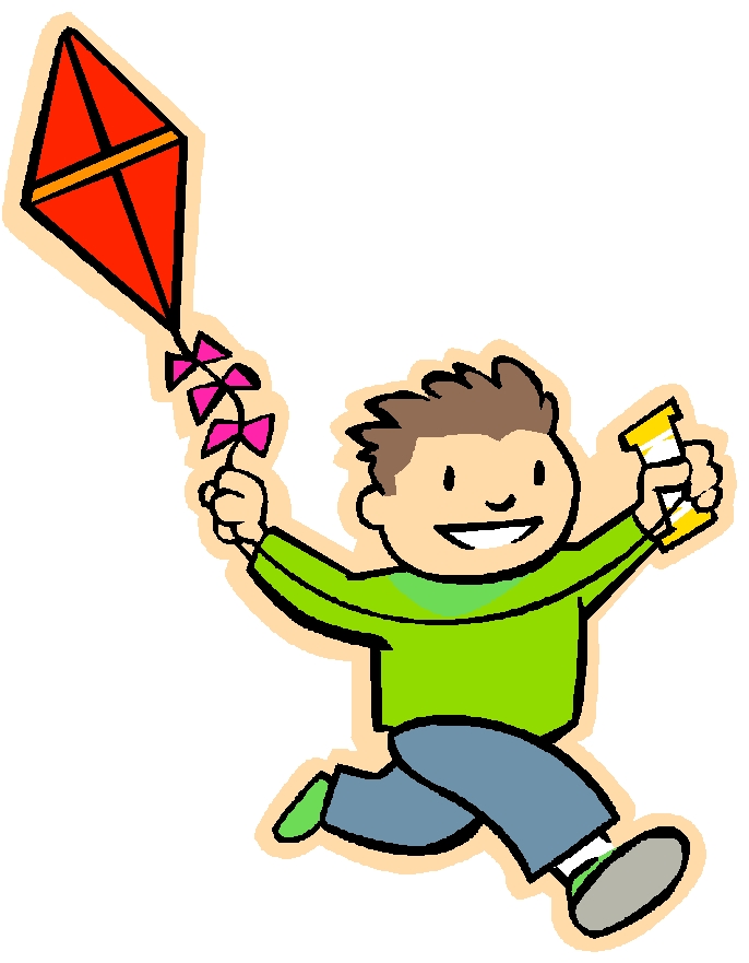 Happy boy in green shirt running with red kite and spool of string